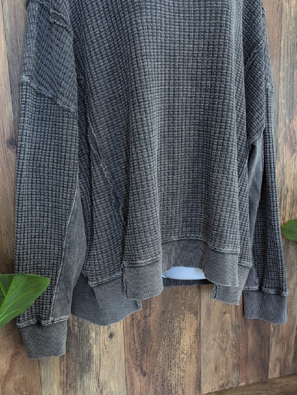 easel Washed Charcoal Waffle Pullover Oversized Sweatshirt L W299 - Picture 3 of 7